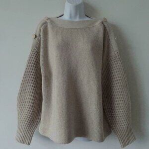 New AKRIS Beige Cashmere Wool Blend Boatneck Drop Shoulder Button Sweater 12